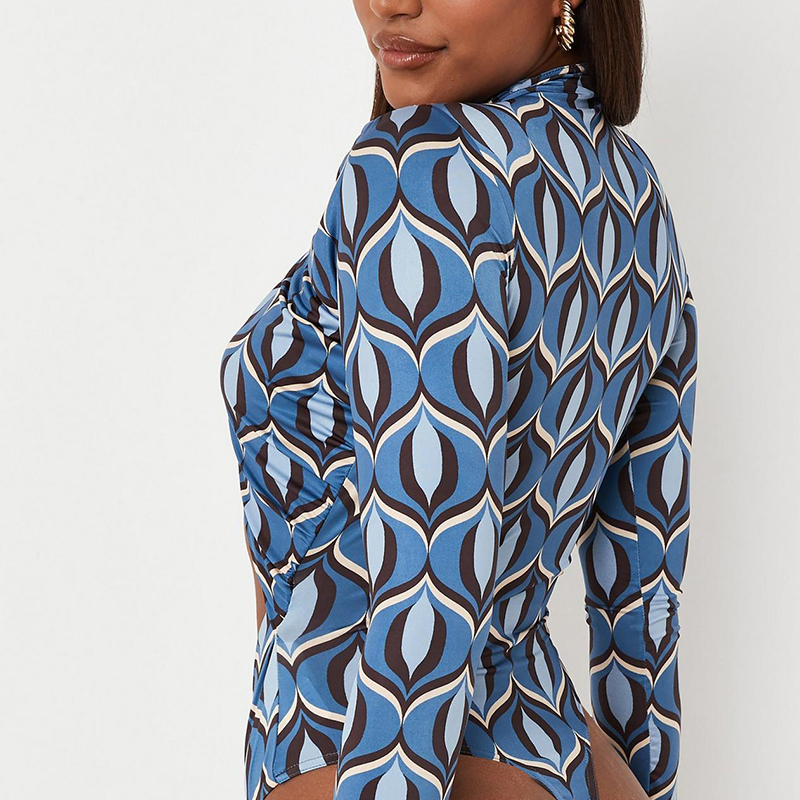 Geometric print front cut out slinky bodysuit