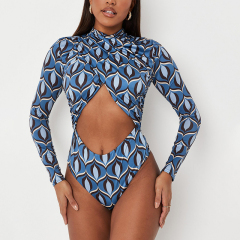 Geometric print front cut out slinky bodysuit
