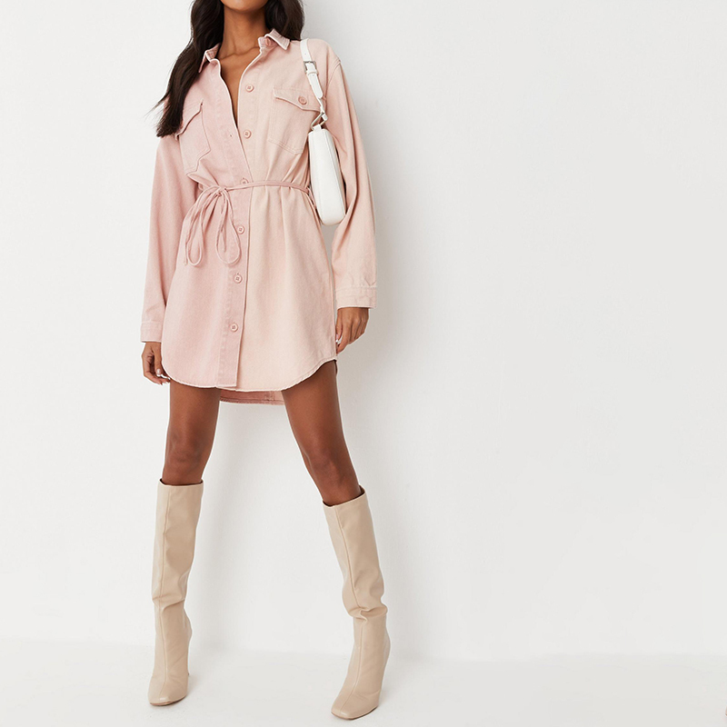 Splice belted denim shirt dress