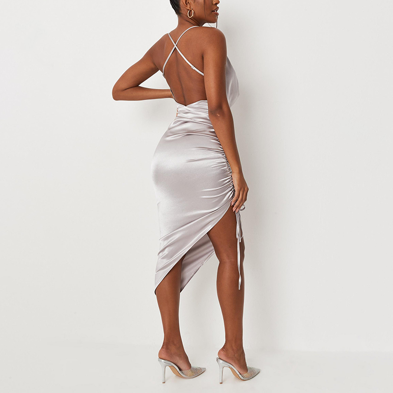 Silver satin extreme cowl ruched midi dress