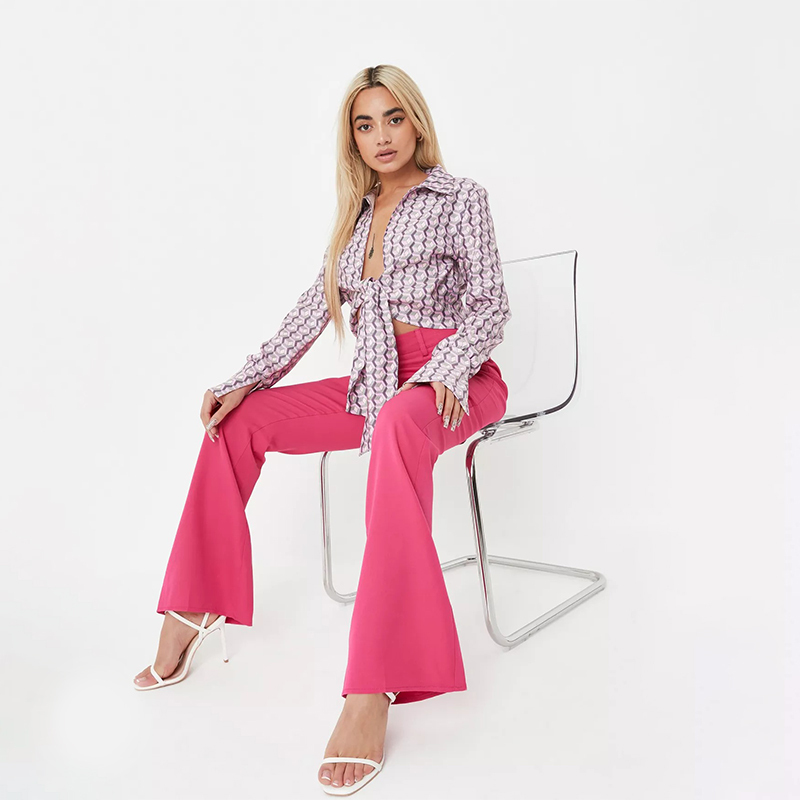 lilac printed stretch poplin tie front collar shirt