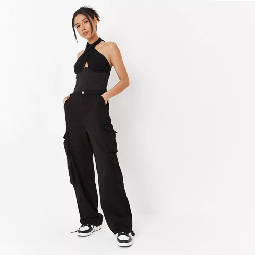 black strappy drawcord hem pocket cargo trousers
