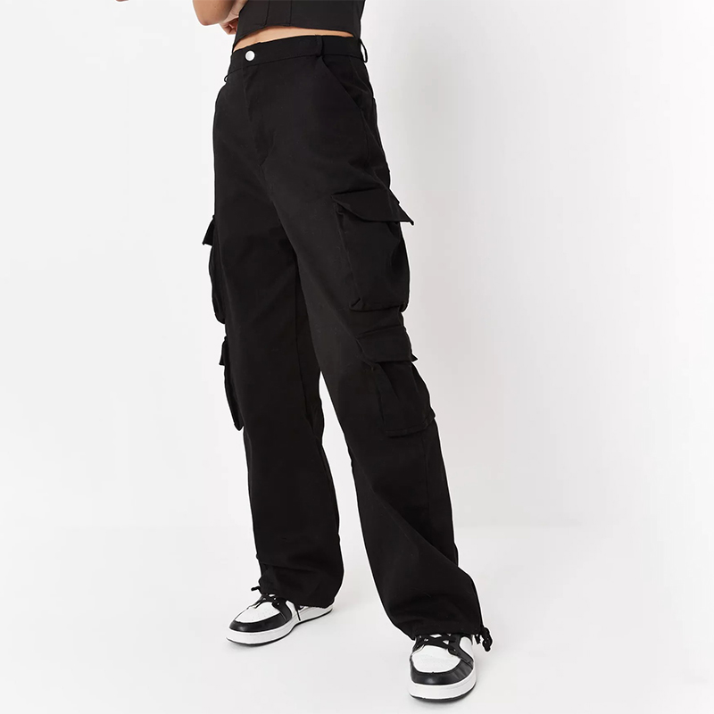 black strappy drawcord hem pocket cargo trousers