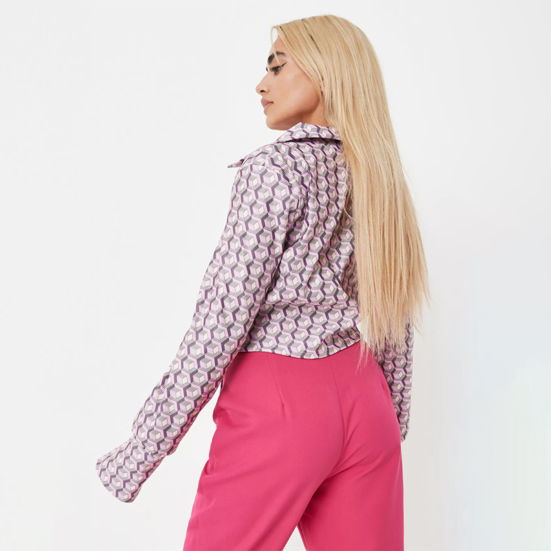 lilac printed stretch poplin tie front collar shirt