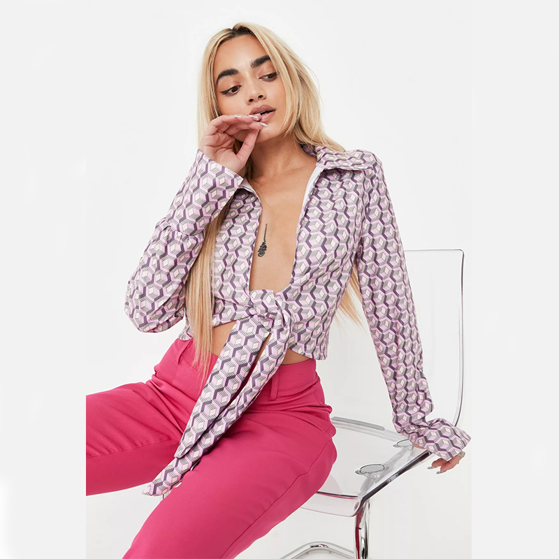 lilac printed stretch poplin tie front collar shirt