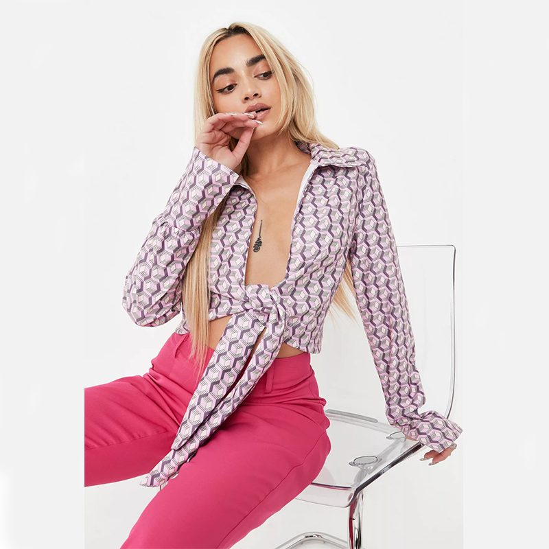 lilac printed stretch poplin tie front collar shirt