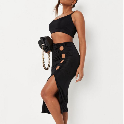 black bralet and ruched midi skirt slinky co ord set
