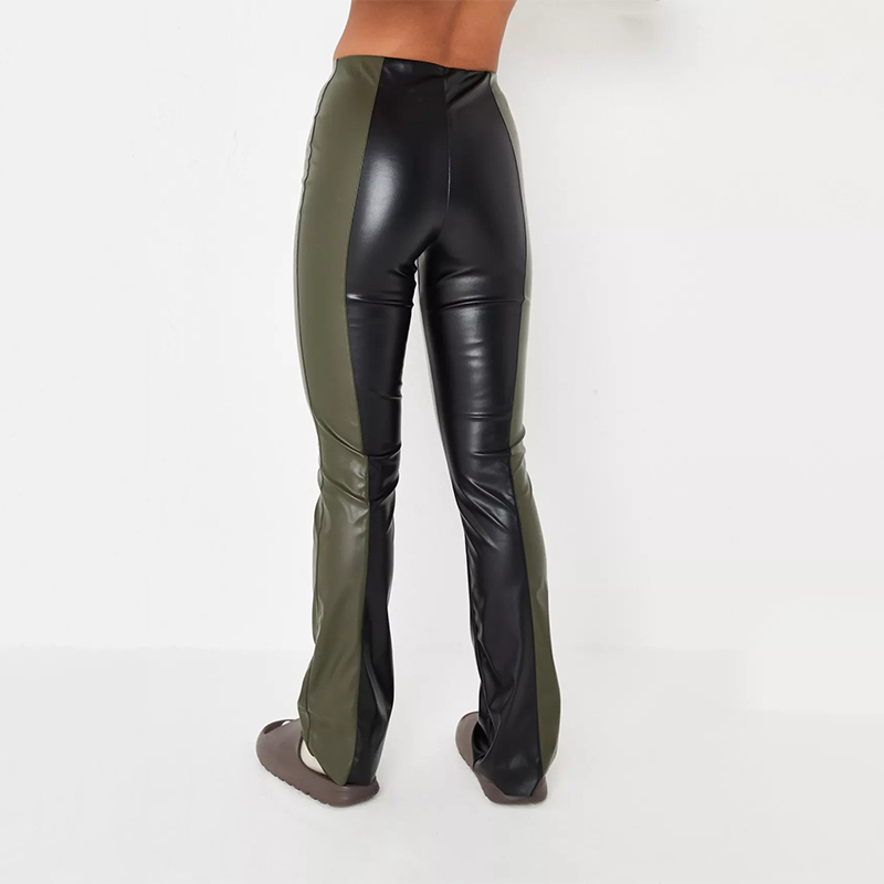 khaki colourblock faux leather straight leg trousers