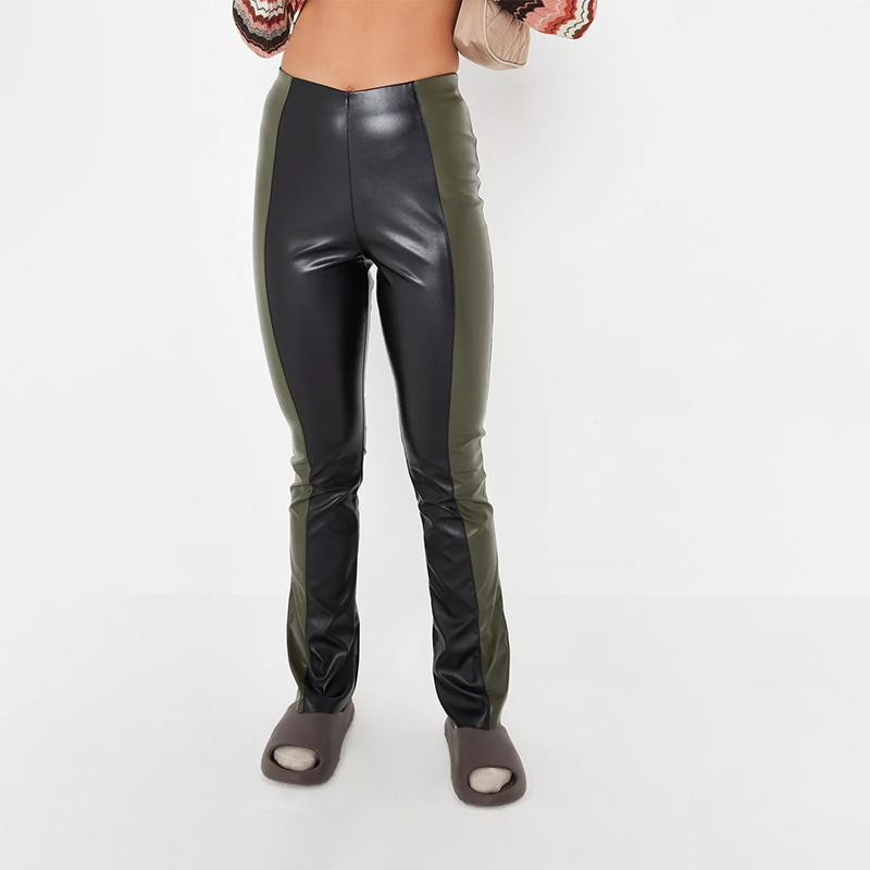 khaki colourblock faux leather straight leg trousers