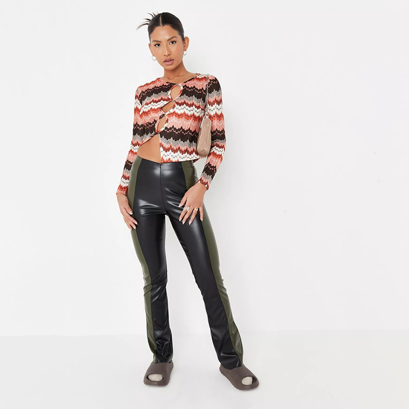 khaki colourblock faux leather straight leg trousers