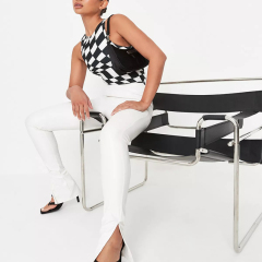 tall cream faux leather split hem flared trousers