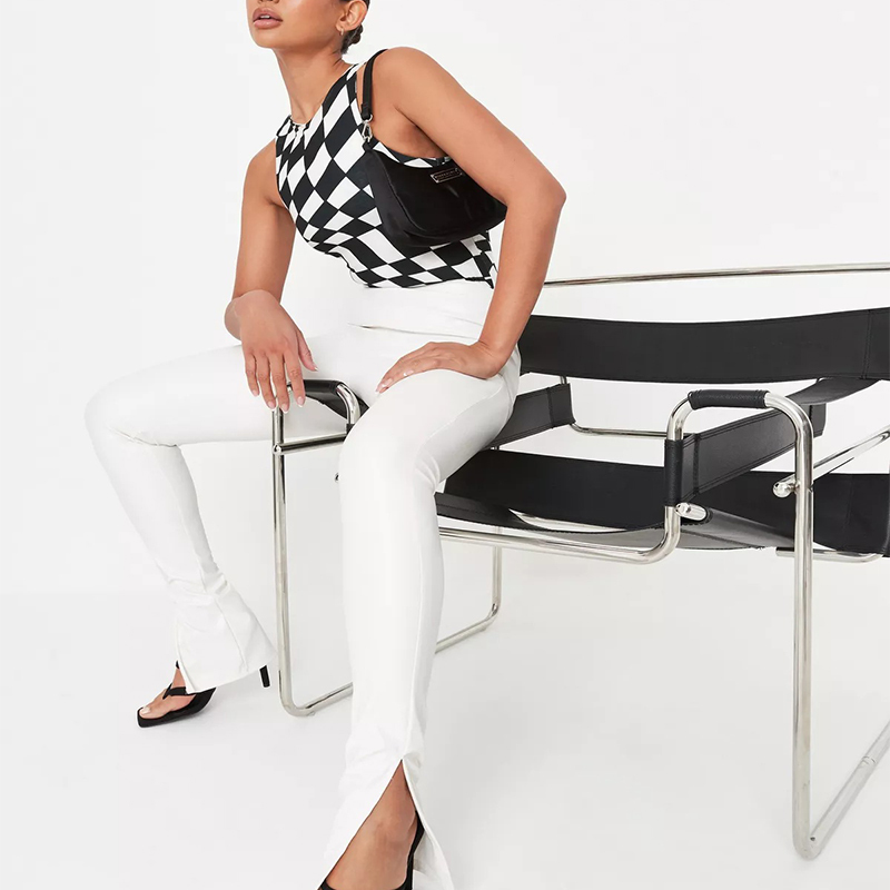 tall cream faux leather split hem flared trousers