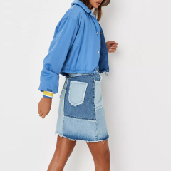 blue patchwork frayed denim mini skirt