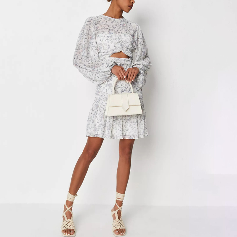 white floral print cut out balloon sleeve dress