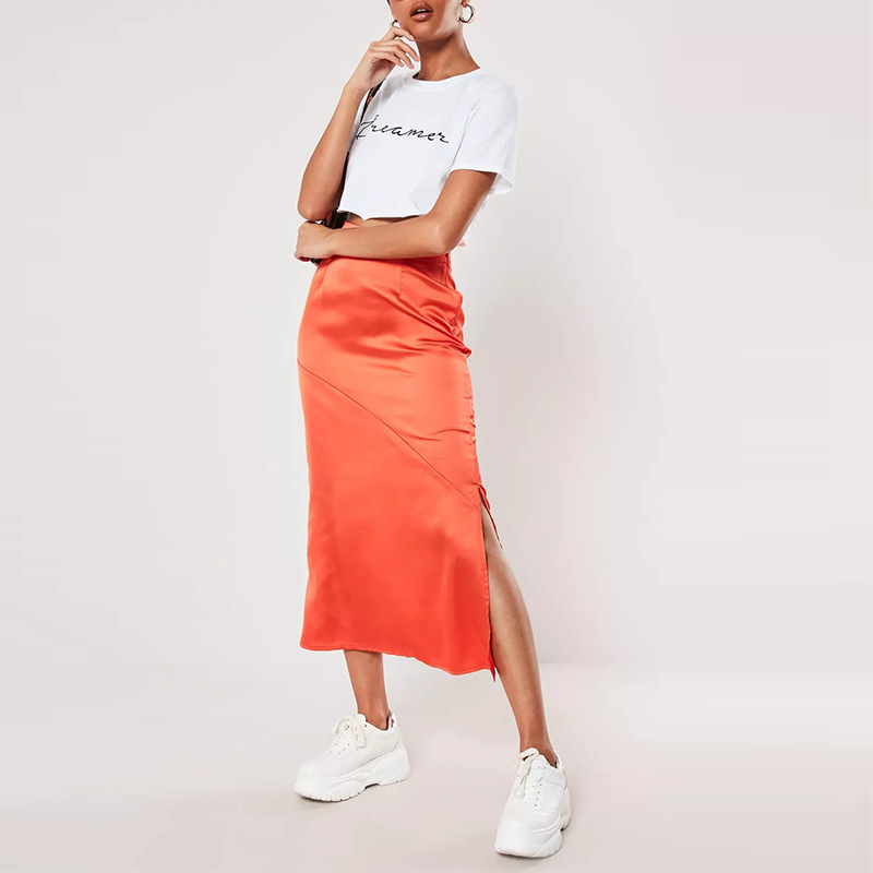 black bias cut satin midi slip skirt