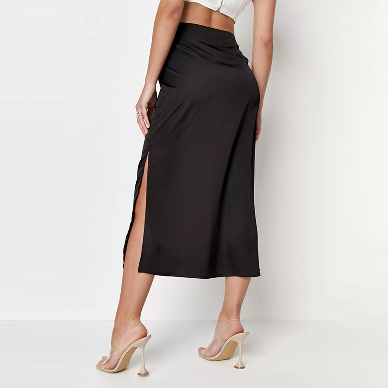 black bias cut satin midi slip skirt