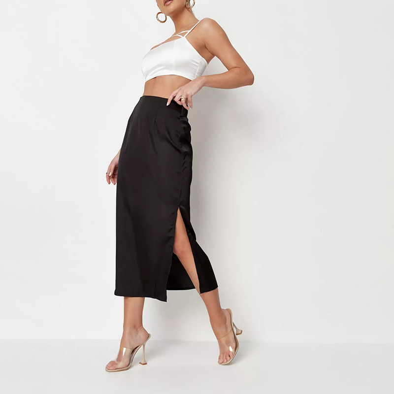 black bias cut satin midi slip skirt