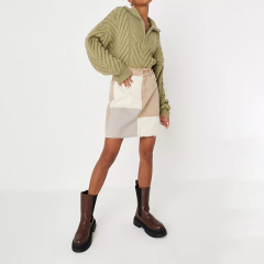 blue patchwork frayed denim mini skirt