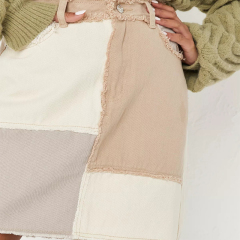 blue patchwork frayed denim mini skirt