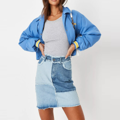 blue patchwork frayed denim mini skirt