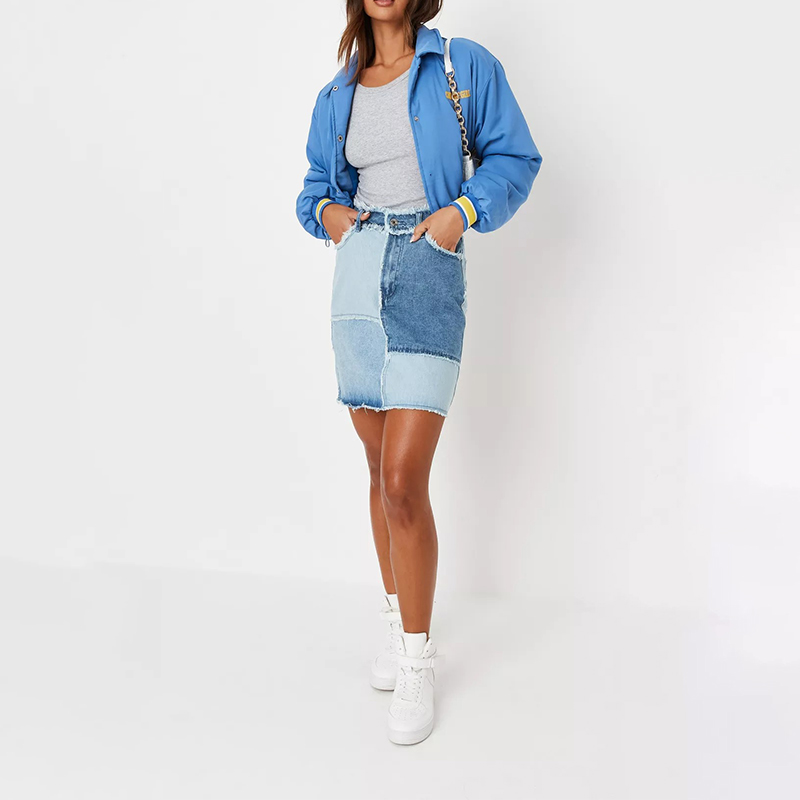 blue patchwork frayed denim mini skirt