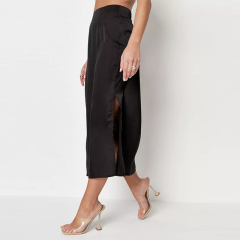 black bias cut satin midi slip skirt