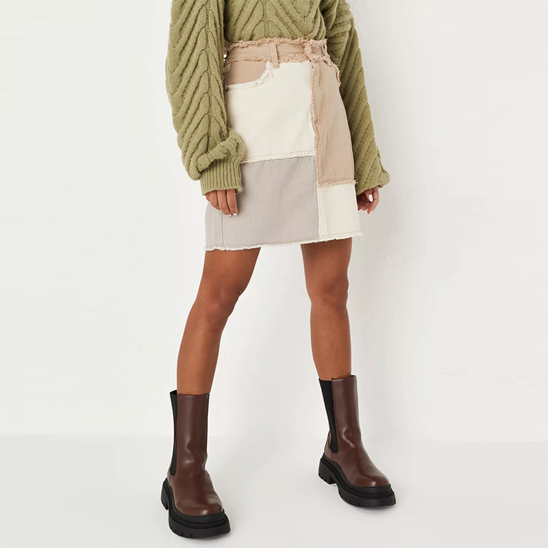 blue patchwork frayed denim mini skirt