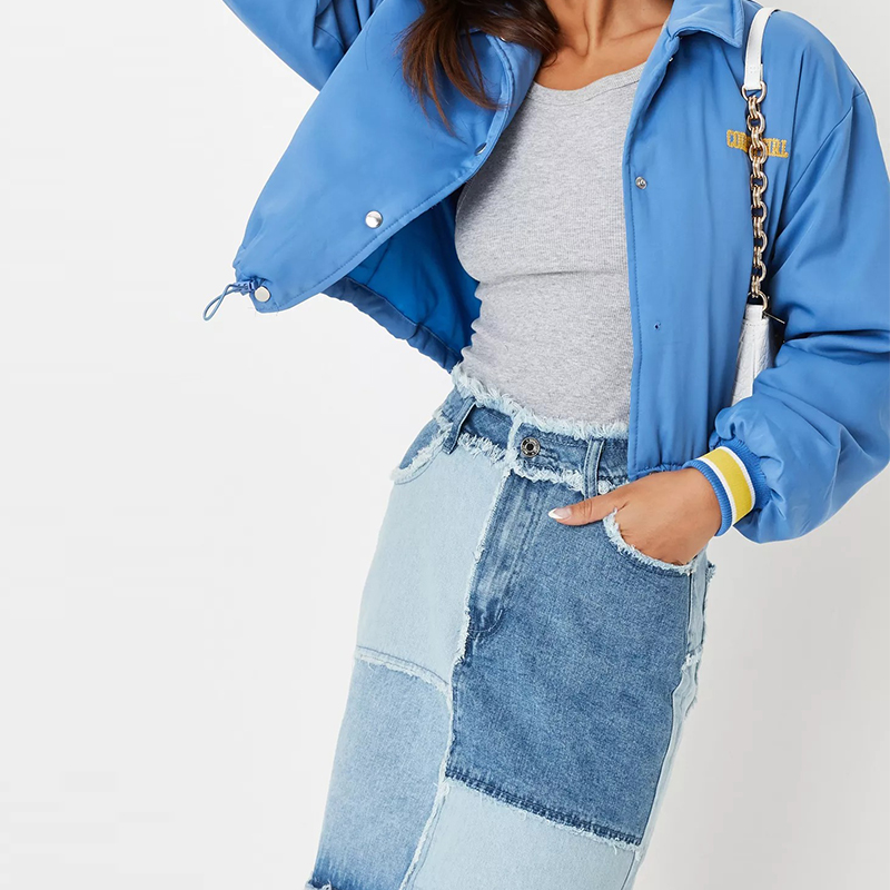 blue patchwork frayed denim mini skirt