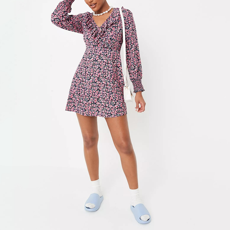 pink floral print ruffle tea dress