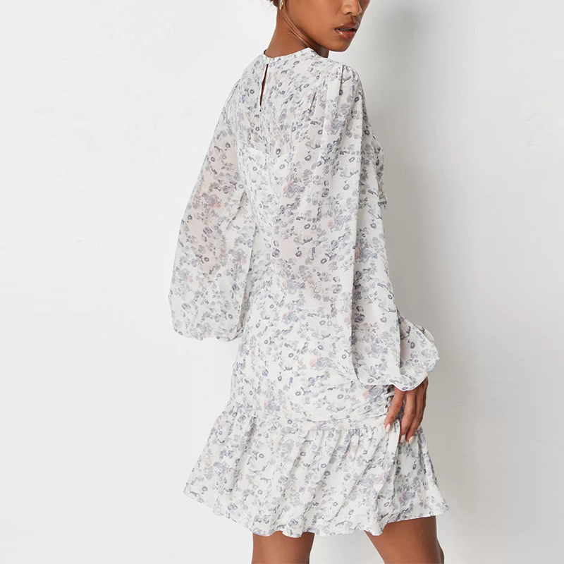 white floral print cut out balloon sleeve dress