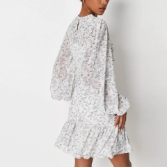 white floral print cut out balloon sleeve dress