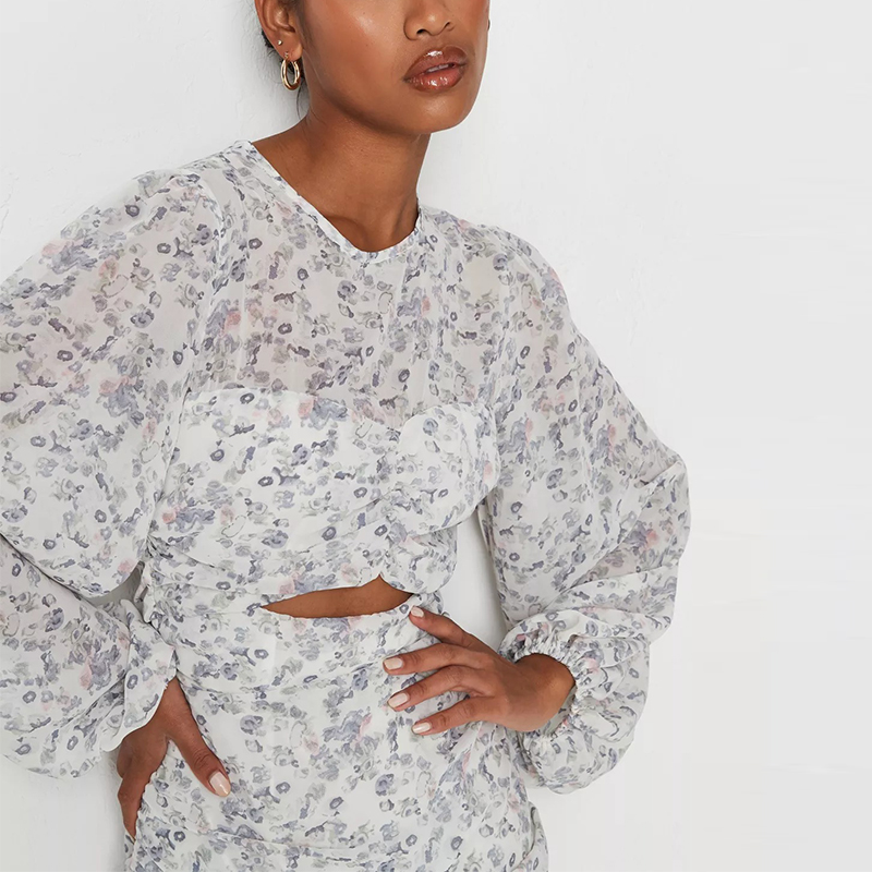 white floral print cut out balloon sleeve dress