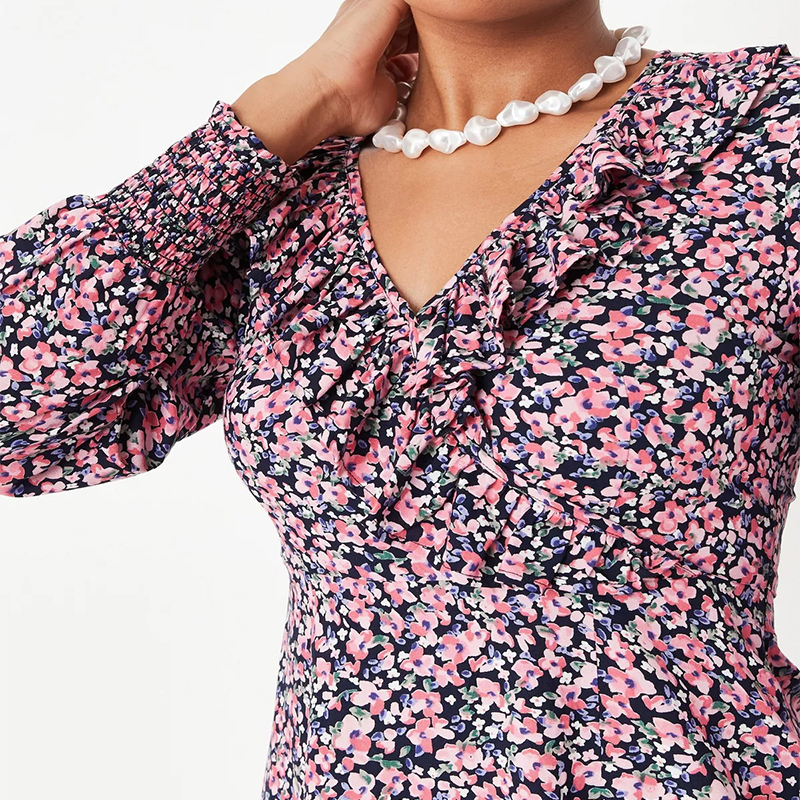 pink floral print ruffle tea dress