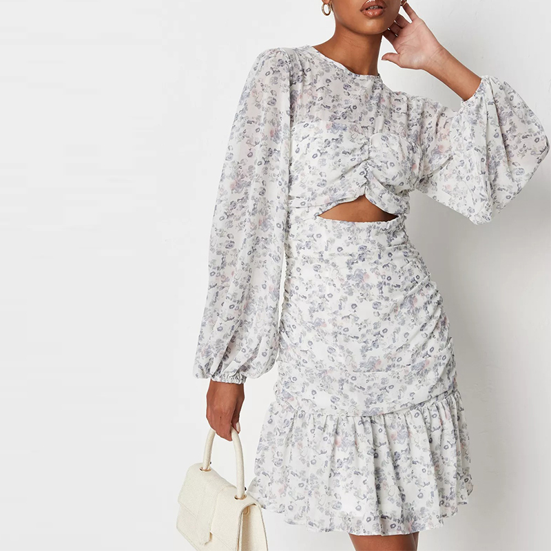 white floral print cut out balloon sleeve dress