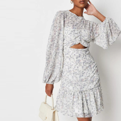 white floral print cut out balloon sleeve dress