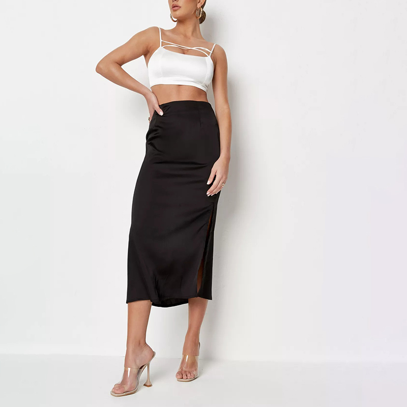 black bias cut satin midi slip skirt