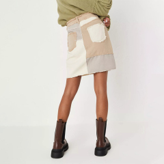 blue patchwork frayed denim mini skirt