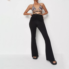 brown leopard print ruched front tie wrap flared trousers