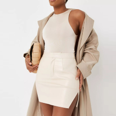 cream faux leather split hem mini skirt