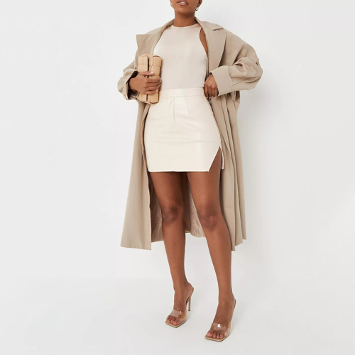 cream faux leather split hem mini skirt