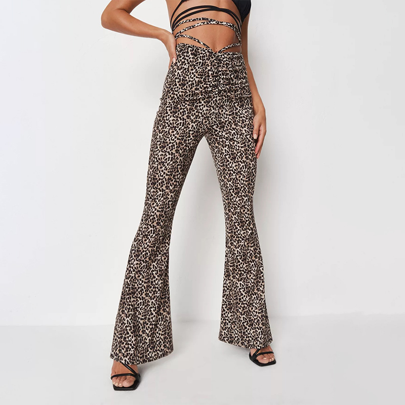 brown leopard print ruched front tie wrap flared trousers