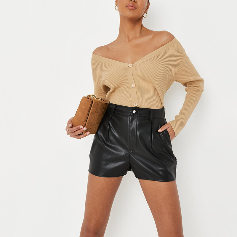 peach faux leather button front shorts