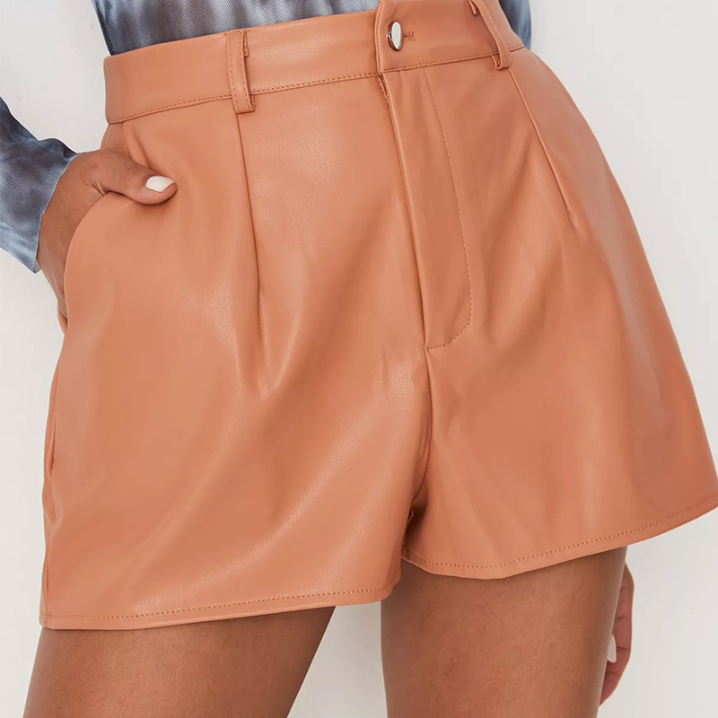 peach faux leather button front shorts