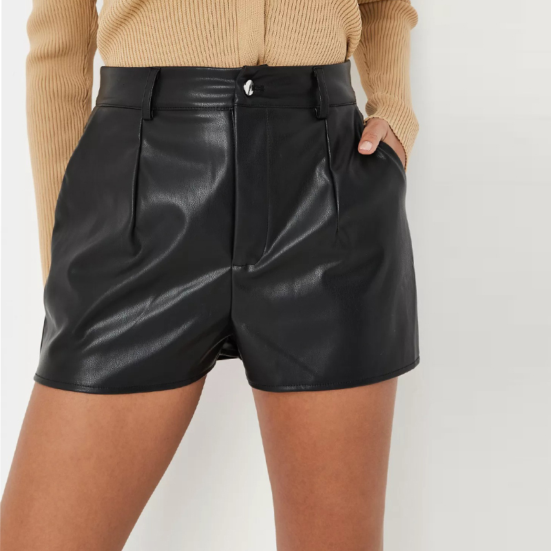 peach faux leather button front shorts