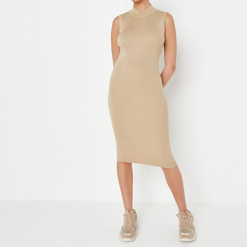 stone high neck backless rib knit midaxi dress