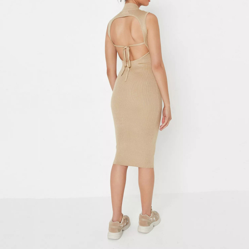 stone high neck backless rib knit midaxi dress