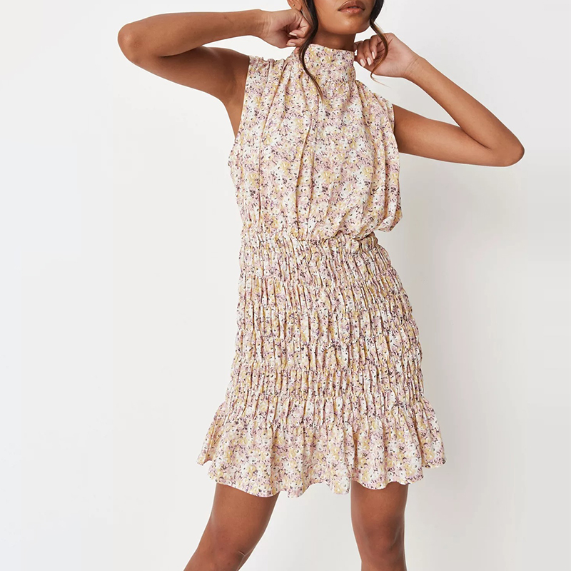 pink floral print high neck shirred sleeveless mini dress