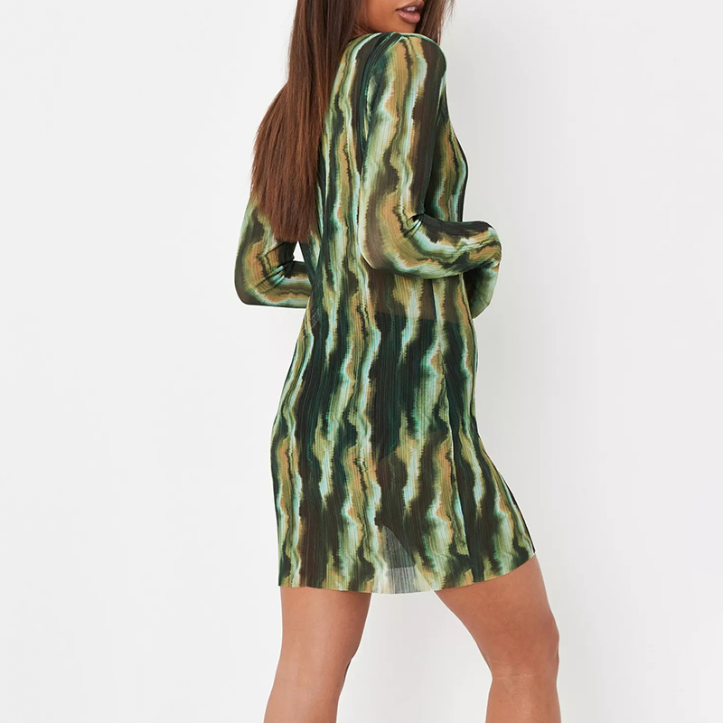 green tie dye crew neck mesh plisse mini dress