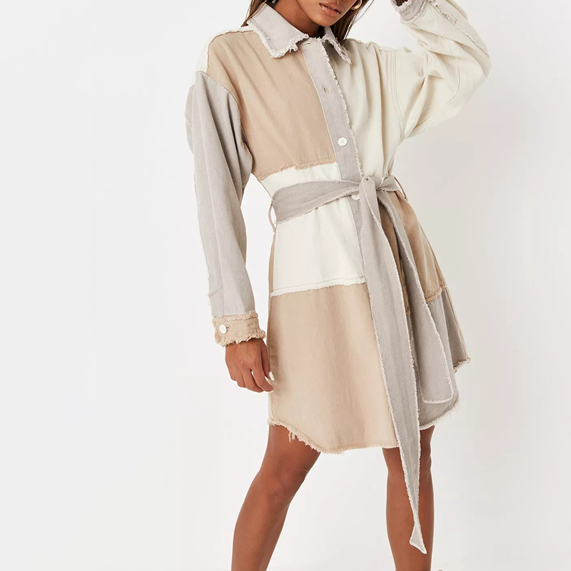 blue frayed patchwork belted denim shirt dress