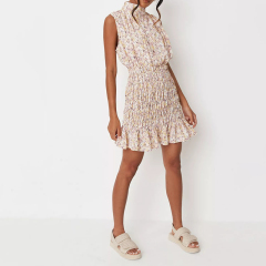 pink floral print high neck shirred sleeveless mini dress